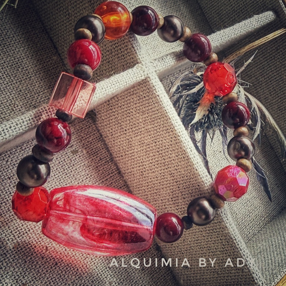 Cherry Acrylic Bracelet – Big Swirl Focal with 8 mm Red Turquoise, - Picture 2 of 4